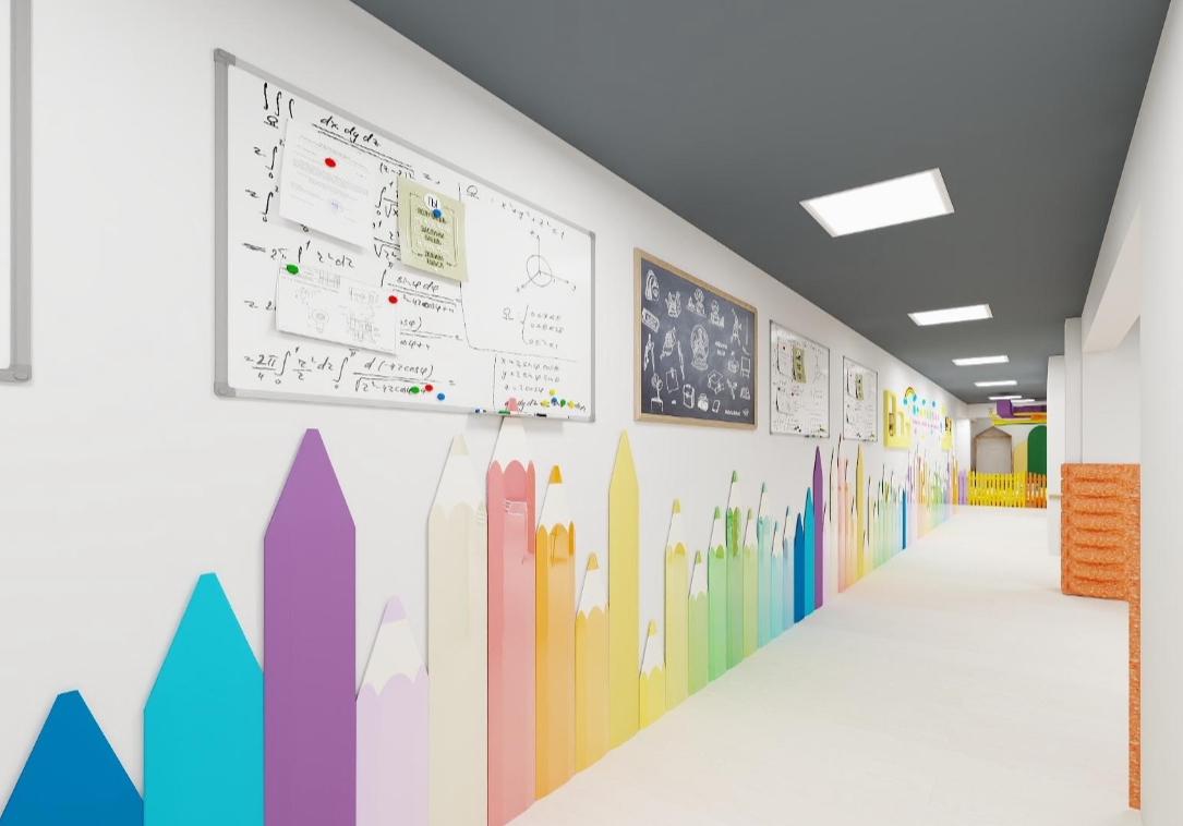 Creative corridor with pencil-shaped wall decor and whiteboards