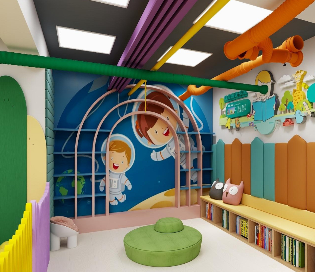 Space-themed room with astronaut mural and play tubes